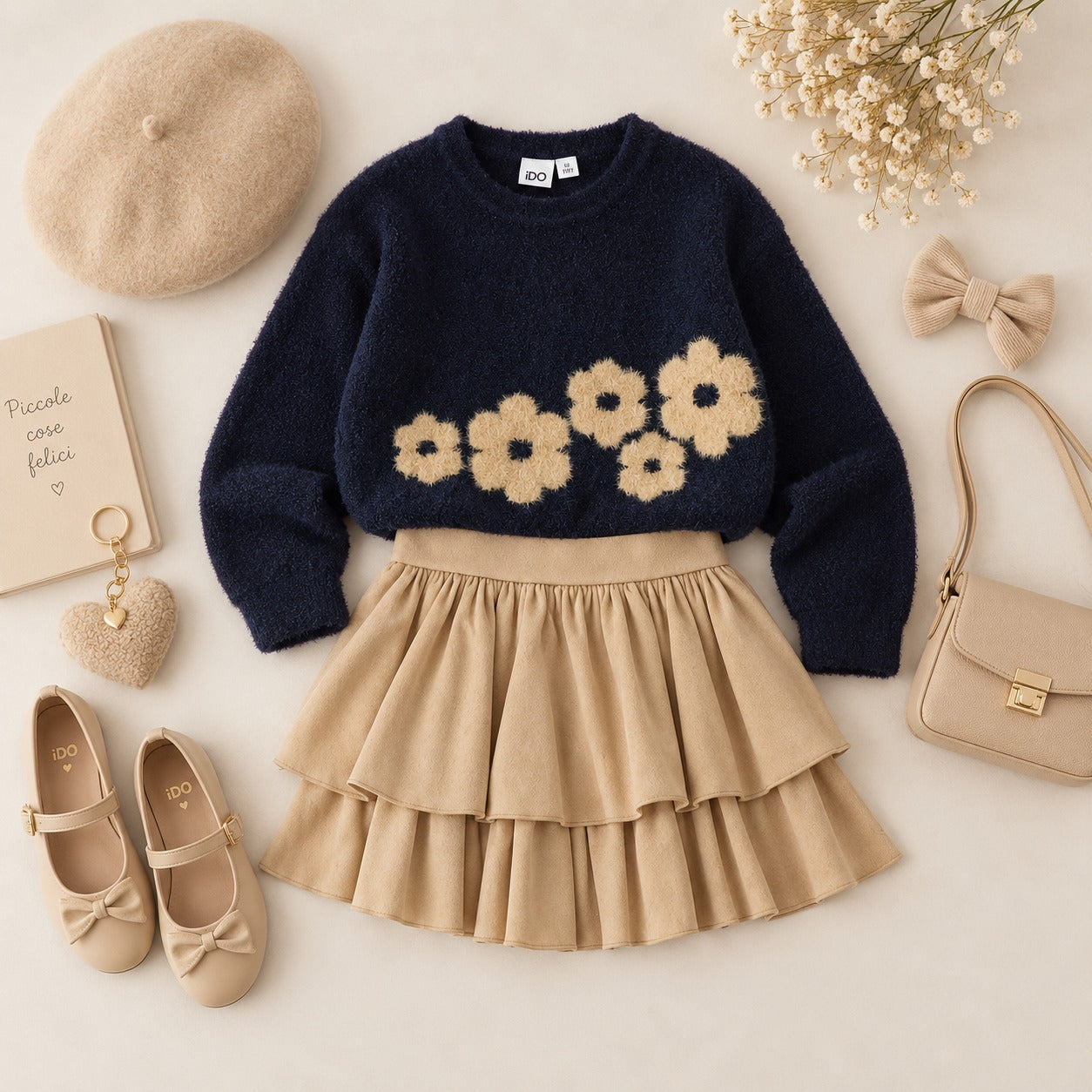 Completo bimba maglia blu navy con fiori beige e gonna a balze autunno inverno