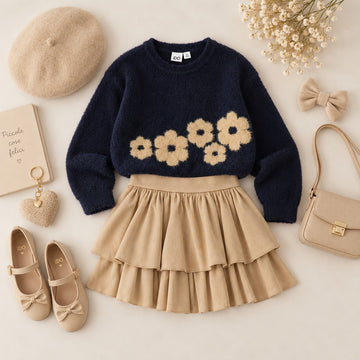 Completo bimba maglia blu navy con fiori beige e gonna a balze autunno inverno