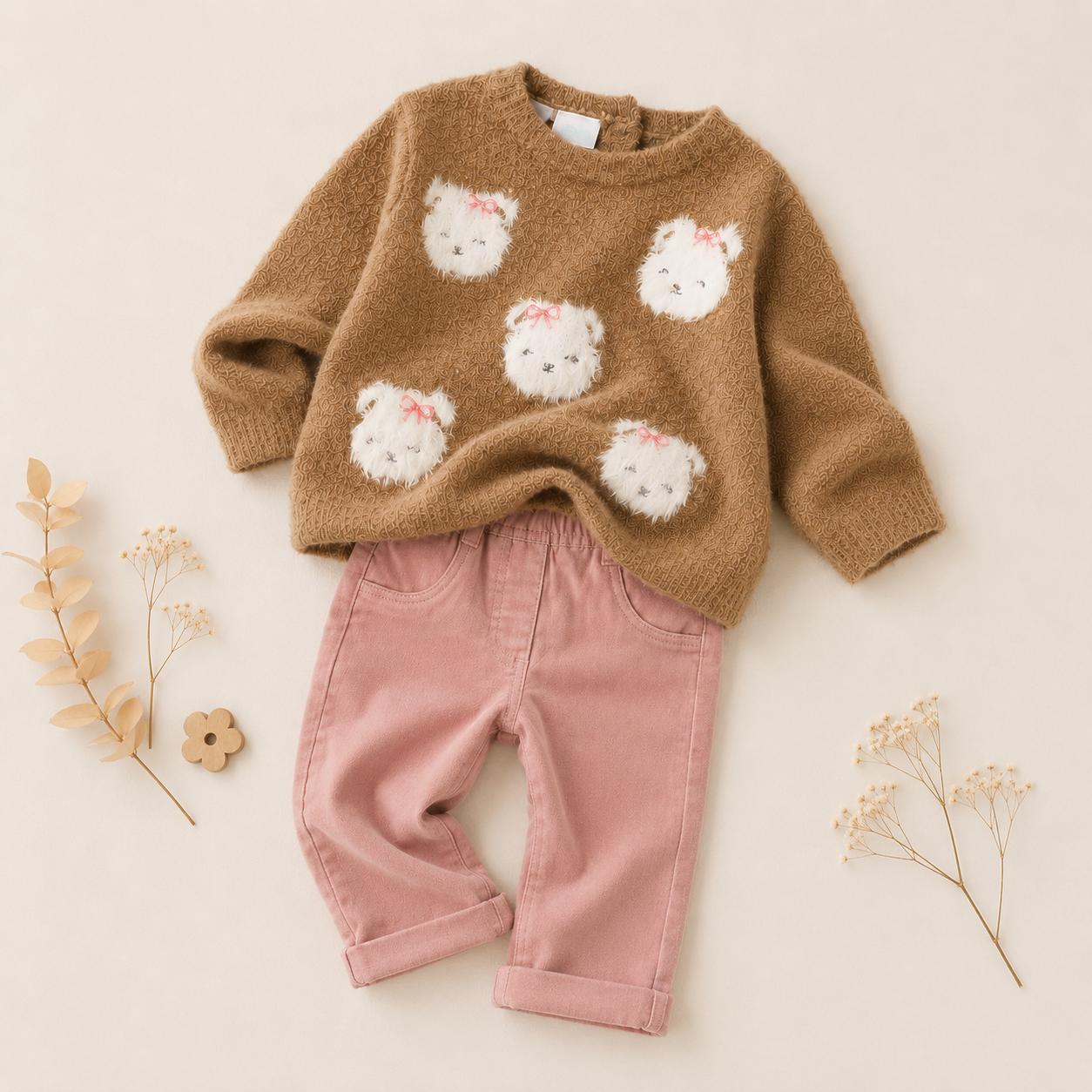 Completo bimba con maglia marrone decorata con orsetti e pantalone rosa