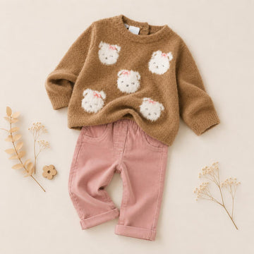 Completo bimba con maglia marrone decorata con orsetti e pantalone rosa
