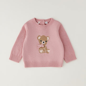 Completo bimba con maglia rosa con orsetto e jeans blu in denim