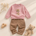 Completo bimba con maglia rosa in maglia con orsetto e fiocco applicato e pantalone tortora