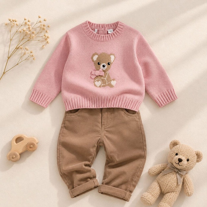 Completo bimba con maglia rosa in maglia con orsetto e fiocco applicato e pantalone tortora