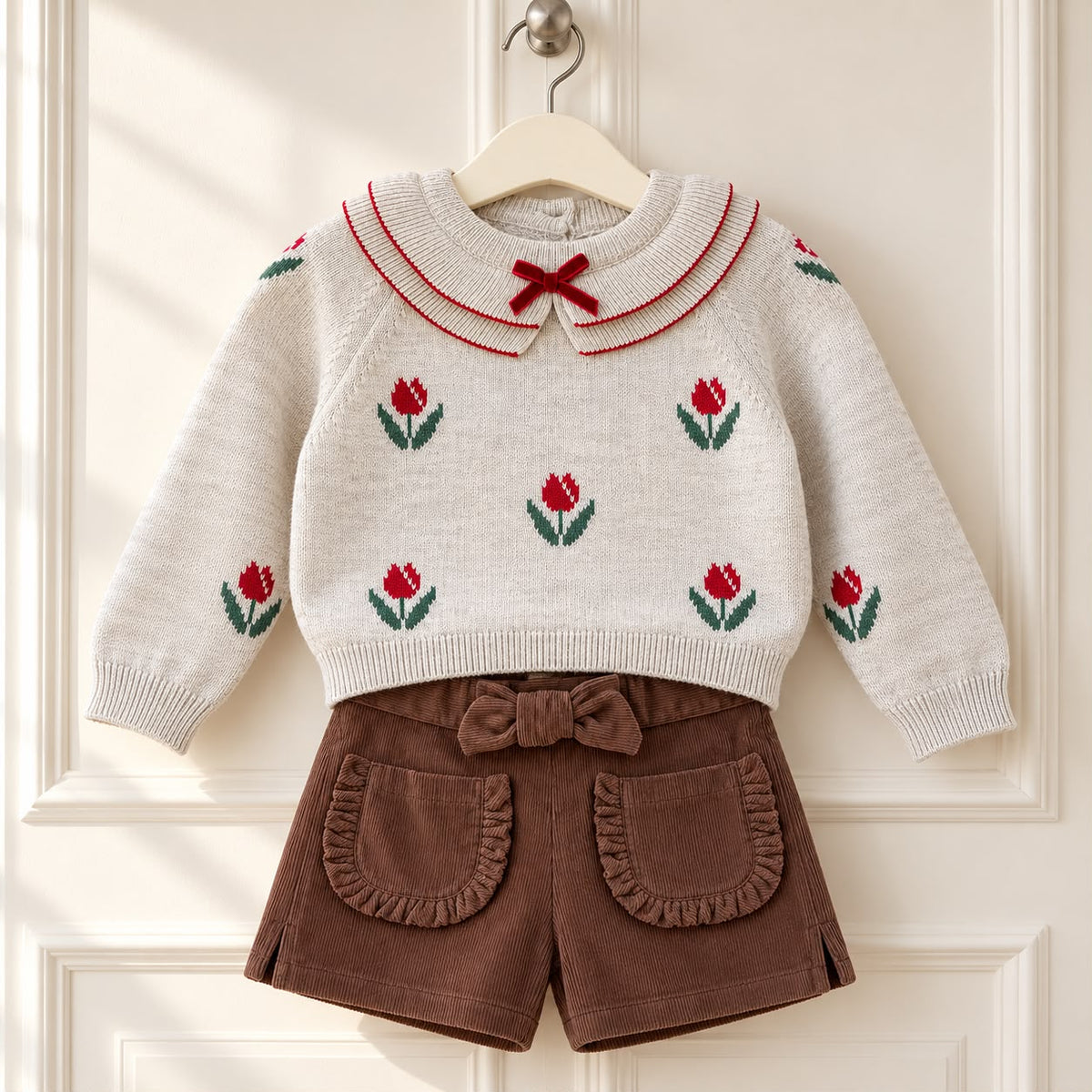 Completo bimba con maglioncino in cotone e lana a tulipani e pantaloncini in velluto a coste. Scopri lo stile bon ton di Belli e Monelli.