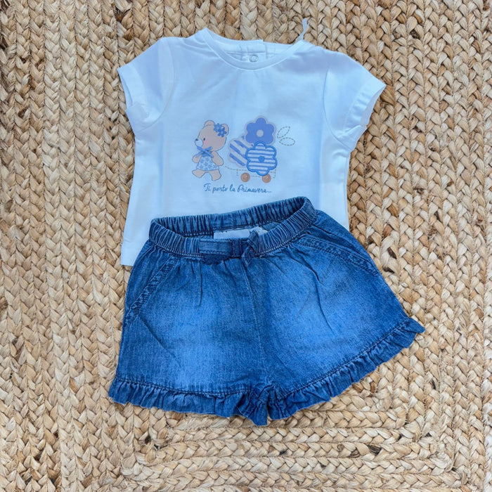 completo bimba con maglia bianca stampa orsetto e pantaloncino denim cotone