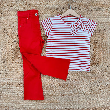 completo bimba righe rosso con pantalone flare
