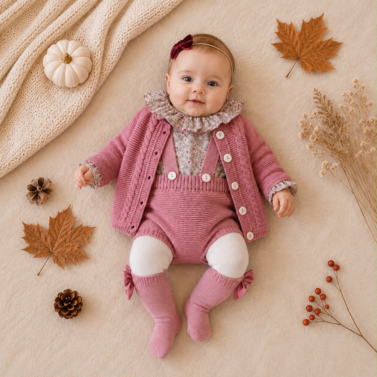 completo-bimba-rosa-antico-cardigan-salopette-floreale