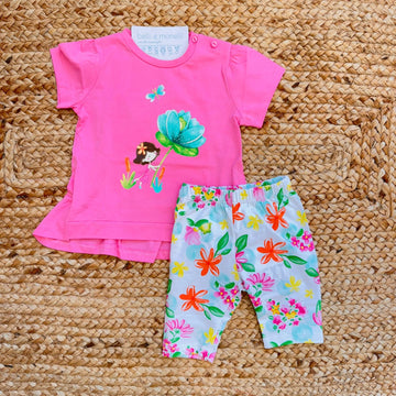 completo bimba cotone rosa t-shirt stampa floreale pantaloncino fantasia