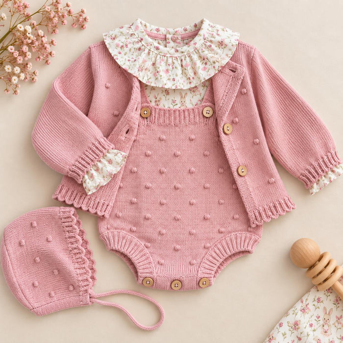 Completo bimba rosa con pagliaccetto in maglia, cardigan e camicia floreale