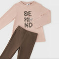 Completo bimba 100% cotone con maglia rosa cipria e pantalone marrone svasato