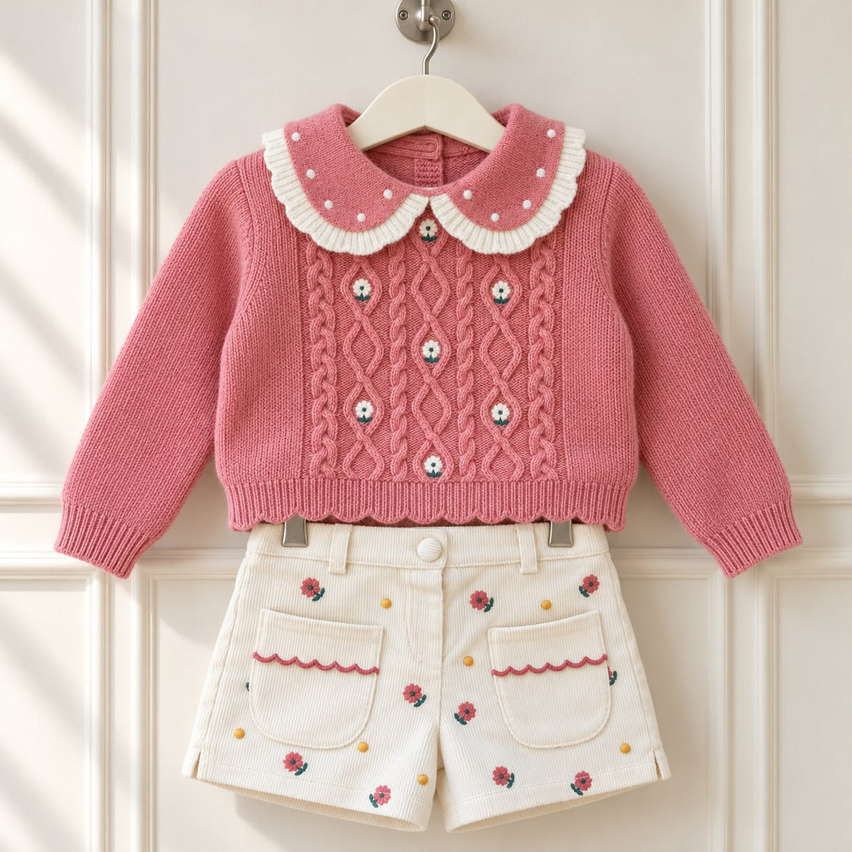 Completo bimba con maglioncino rosa a trecce e pantaloncini panna a coste con ricami floreali.