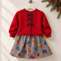 Completo bimba con cardigan rosso in misto lana, fiocchi blu e gonna tartan grigia con orsetti.