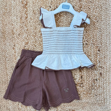 completo bimba lino viscosa con top smock e pantaloncino marrone