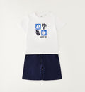 Completo bimbo con t-shirt bianca stampa summer vibes e bermuda blu