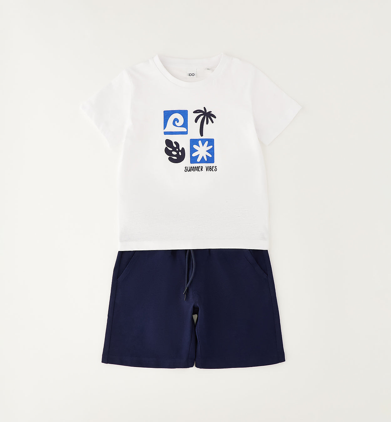 Completo bimbo con t-shirt bianca stampa summer vibes e bermuda blu