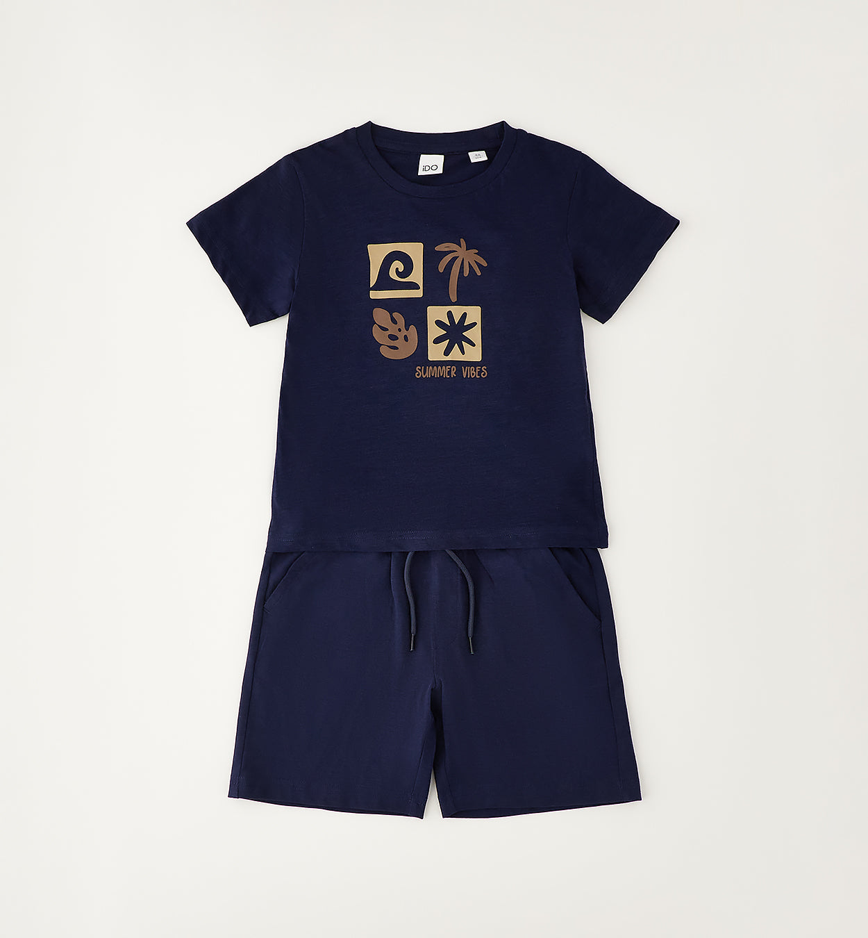 Completo bimbo blu con t-shirt stampa summer vibes e bermuda coordinati