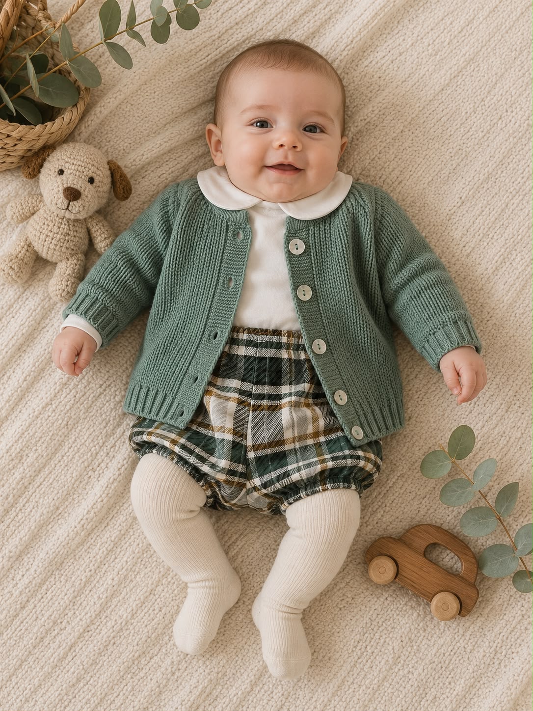 Completo bimbo con cardigan verde salvia, body bianco e pantaloncino scozzese Juliana.