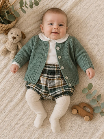 Completo bimbo con cardigan verde salvia, body bianco e pantaloncino scozzese Juliana.