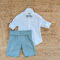 completo elegante bimbo camicia lino cotone con bermuda verde salvia
