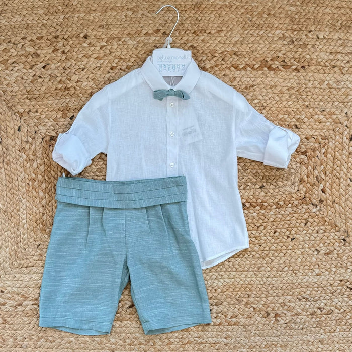 completo elegante bimbo camicia lino cotone con bermuda verde salvia
