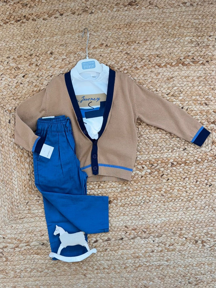 completo bimbo elegante cotone cardigan beige pantalone blu