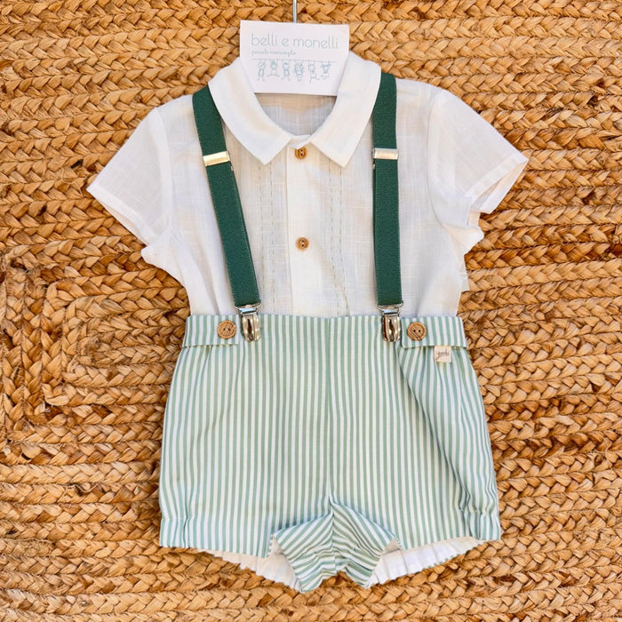 completo bimbo elegante cotone con bretelle verde primo compleanno