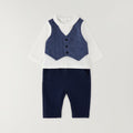 Completo bimbo elegante in caldo cotone con maglia bianca, gilet blu e pantalone coordinato