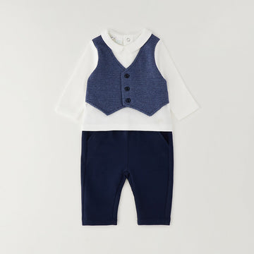 Completo bimbo elegante in caldo cotone con maglia bianca, gilet blu e pantalone coordinato