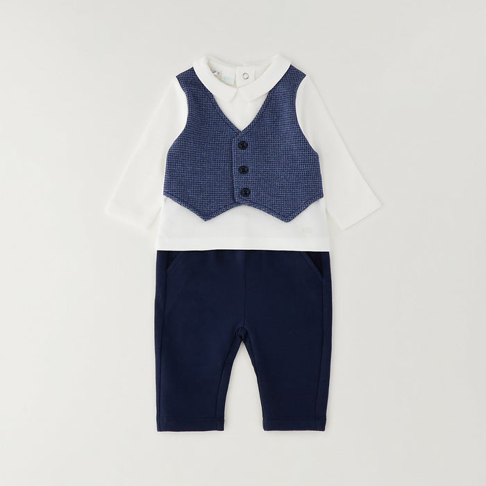 Completo bimbo elegante in caldo cotone con maglia bianca, gilet blu e pantalone coordinato
