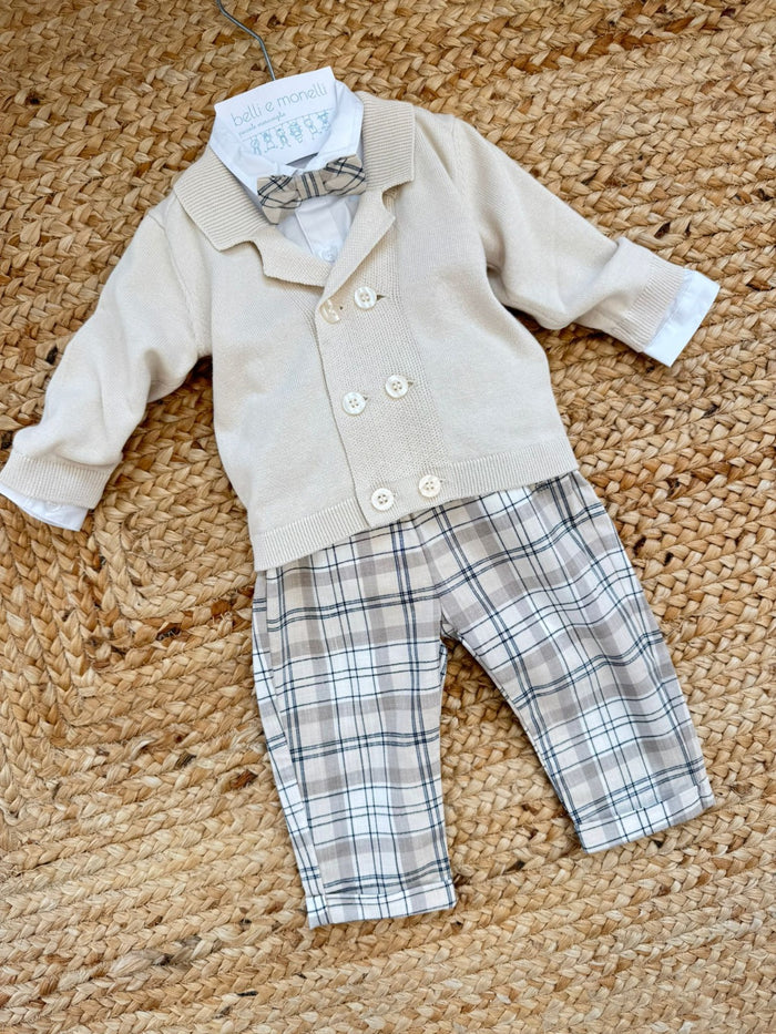 completo bimbo elegante cotone cardigan beige pantalone con bretelle