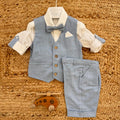 completo bimbo elegante azzurro cotone lino con gilet e papillon
