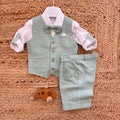 completo bimbo elegante azzurro cotone lino con gilet e papillon