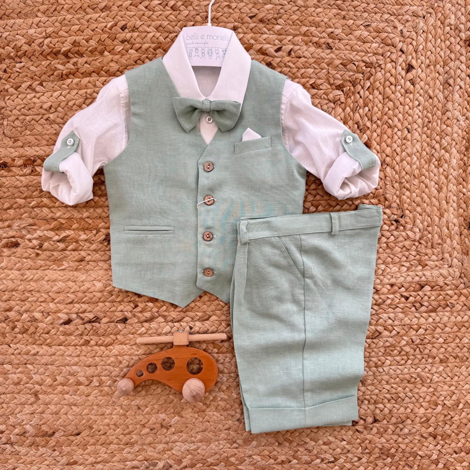 completo bimbo elegante azzurro cotone lino con gilet e papillon