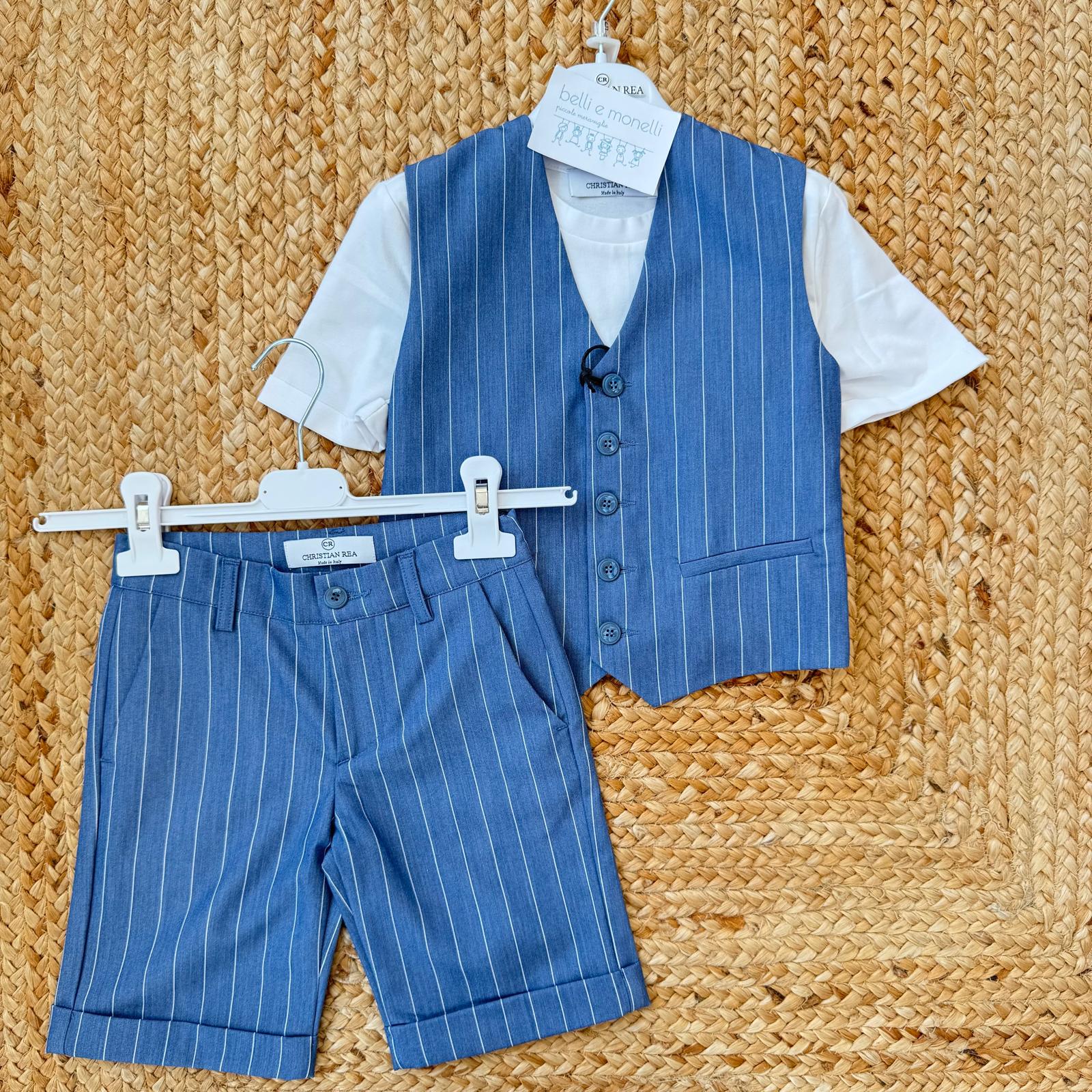 completo bimbo elegante gilet rigato blu e pantaloncino