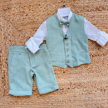 completo bimbo elegante verde salvia con gilet pantalone e camicia