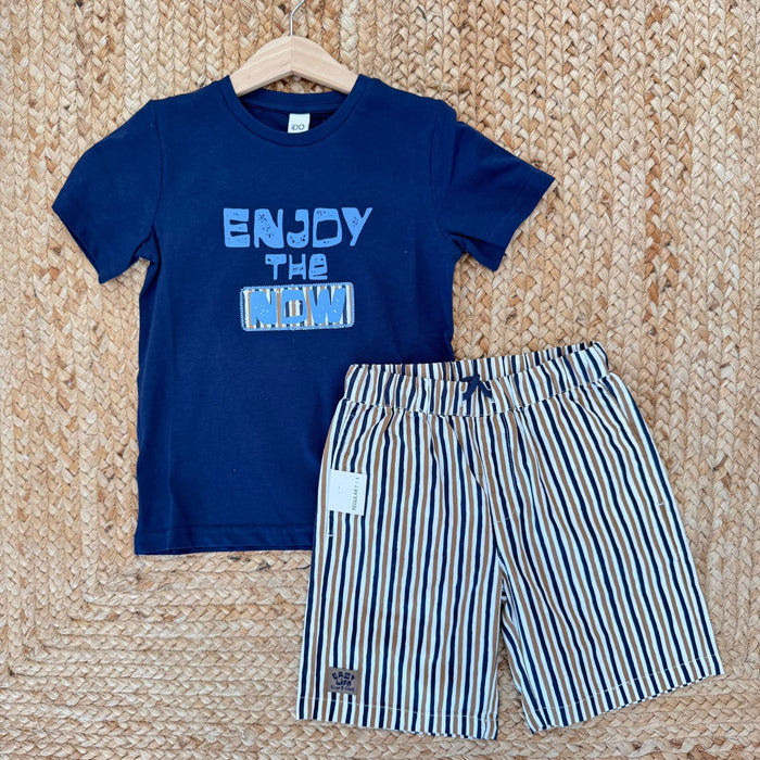 completo bimbo estivo cotone maglia blu stampa enjoy the now pantaloncino rigato