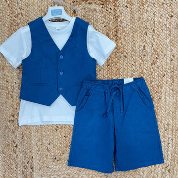completo bimbo elegante gilet blu e bermuda lino cotone