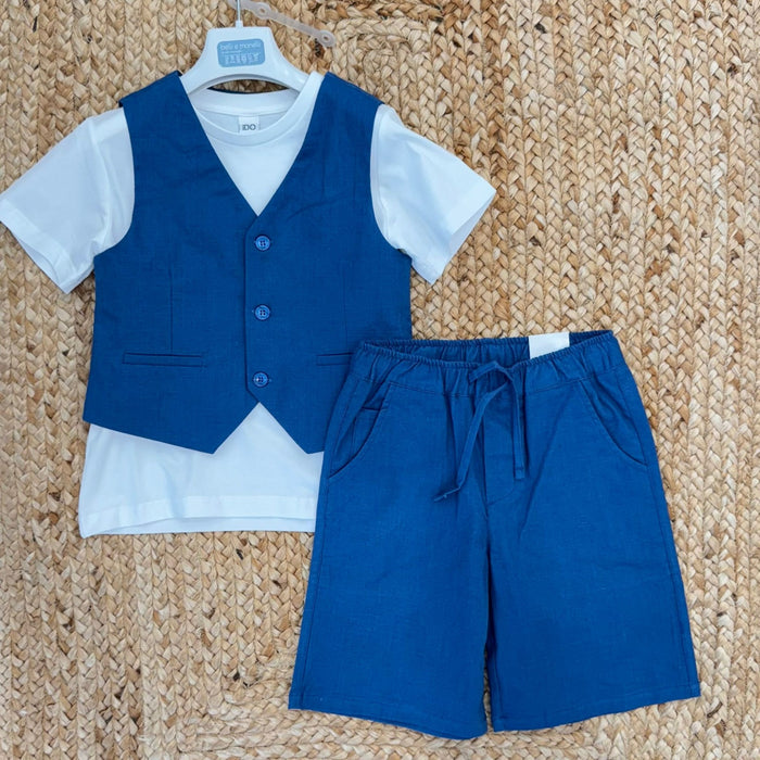 completo bimbo elegante gilet blu e bermuda lino cotone