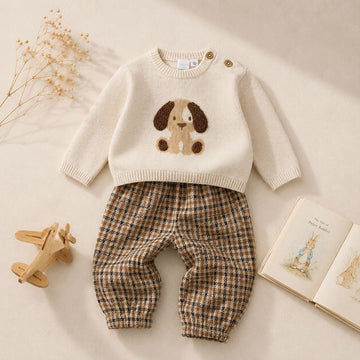Completo bimbo con maglioncino panna con cagnolino e pantalone fantasia check nei toni beige e marrone