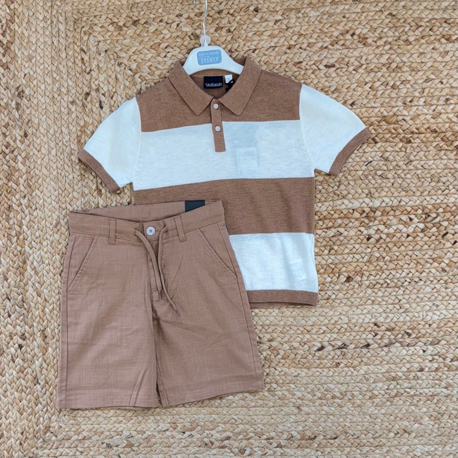 completo bimbo elegante misto lino polo rigata beige bermuda