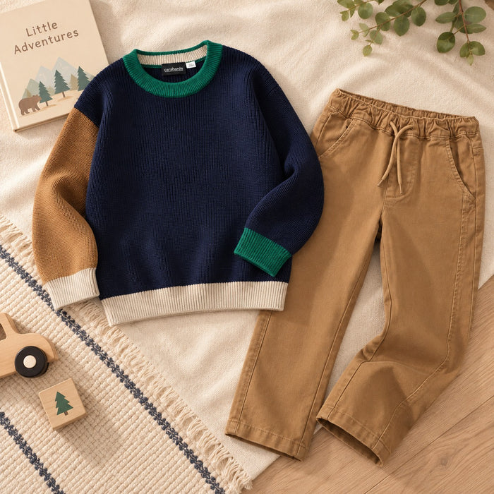 Pullover bimbo color block blu verde cammello e panna