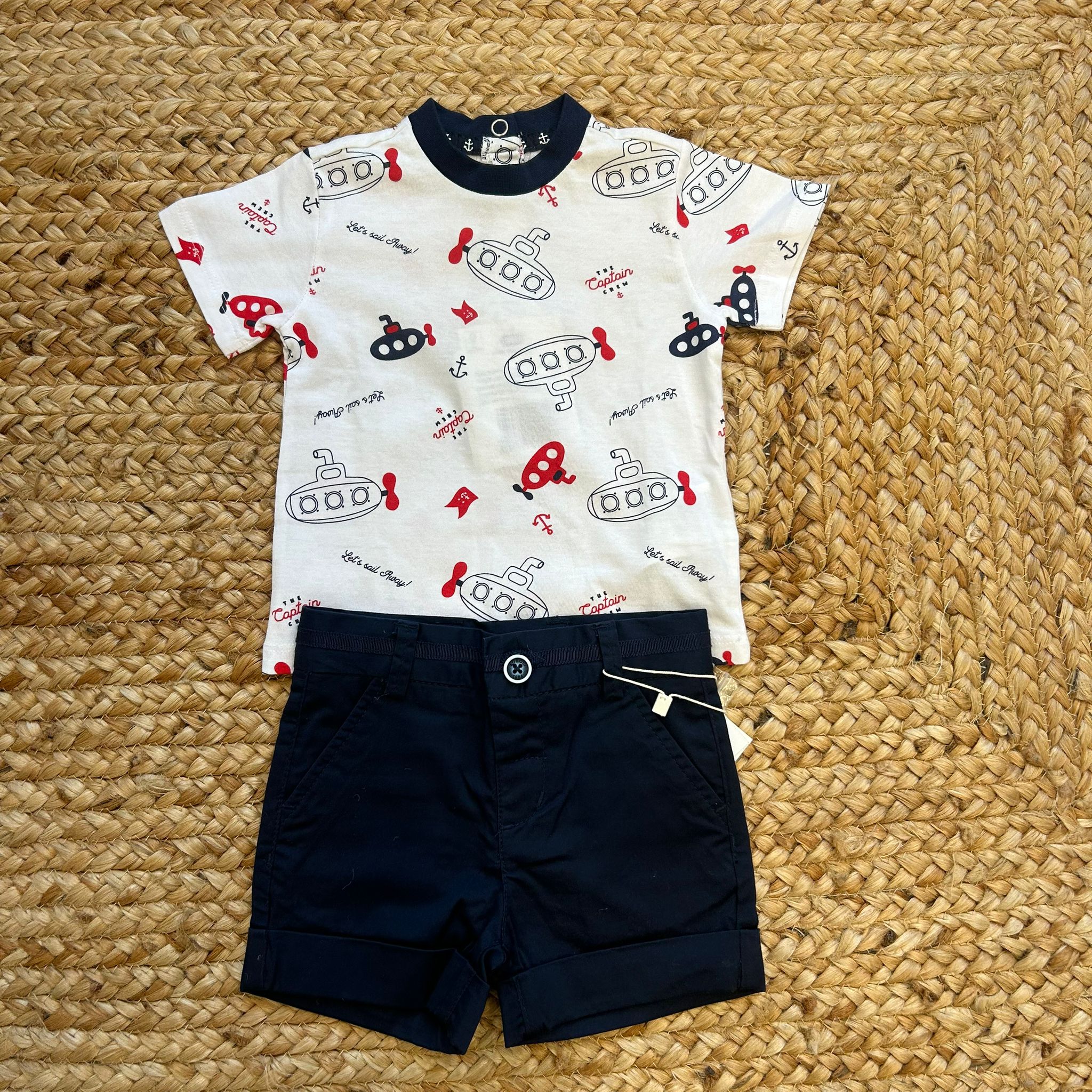 completo estivo neonato maglietta sottomarini e pantalone navy