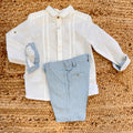 completo cerimonia bimbo camicia bianca cotone e pantalone azzurro lino viscosa