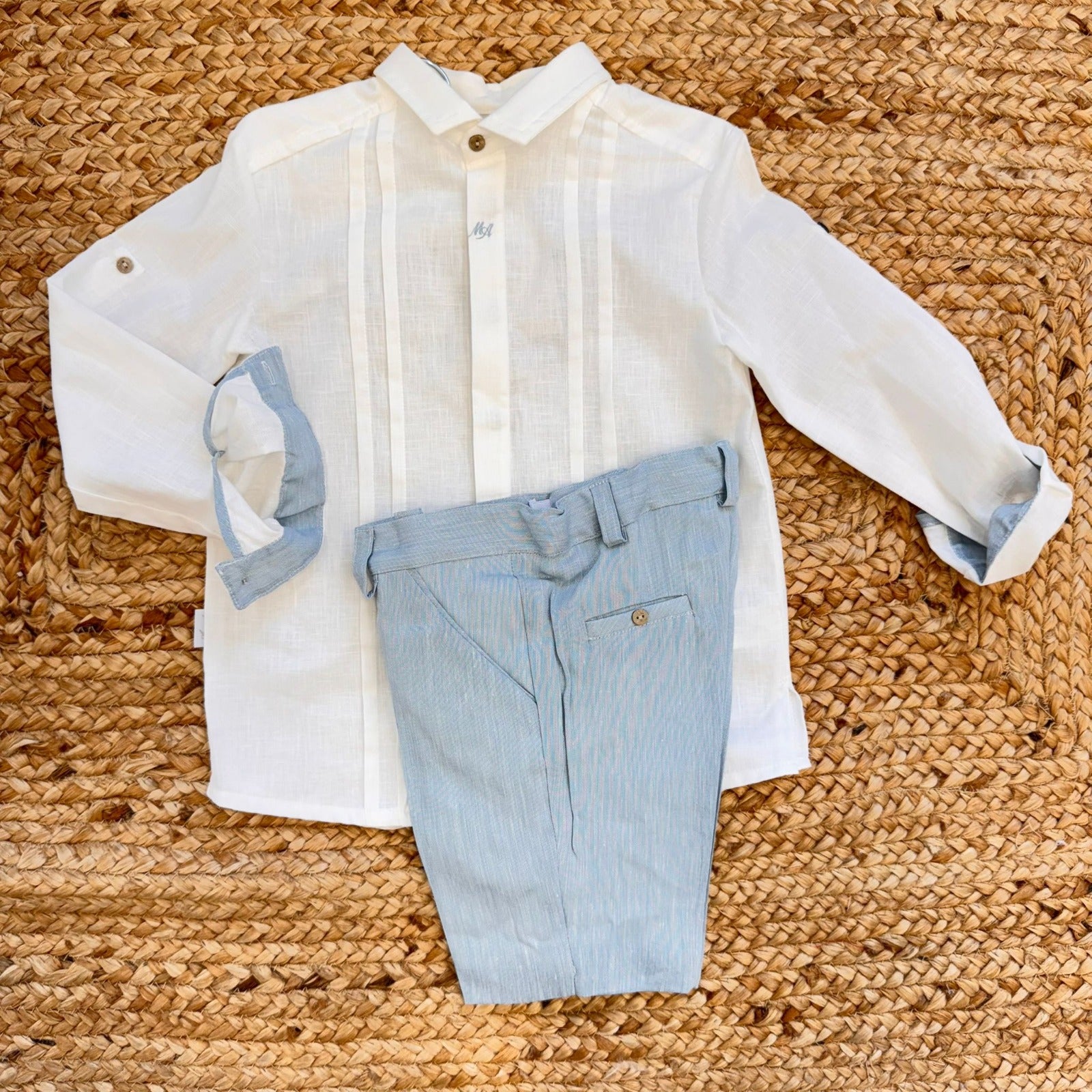 completo cerimonia bimbo camicia bianca cotone e pantalone azzurro lino viscosa