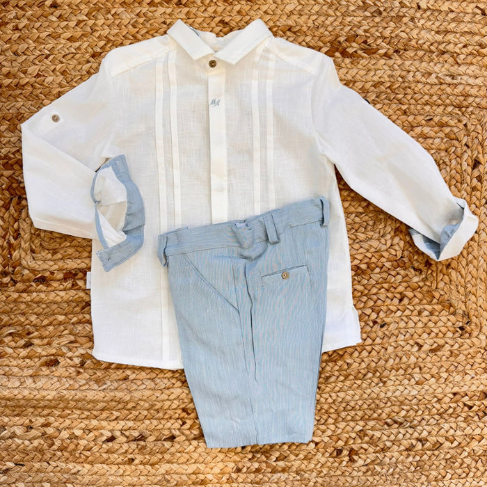 completo cerimonia bimbo camicia bianca cotone e pantalone azzurro lino viscosa