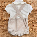 Completo cerimonia bimbo in cotone con pantaloncino e bretelle color neutro