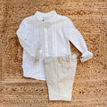 completo cerimonia bimbo camicia bianca cotone e pantalone beige lino viscosa