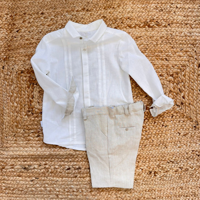 completo cerimonia bimbo camicia bianca cotone e pantalone beige lino viscosa