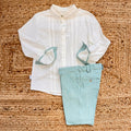 completo cerimonia bimbo camicia bianca cotone e pantalone verde acqua lino viscosa