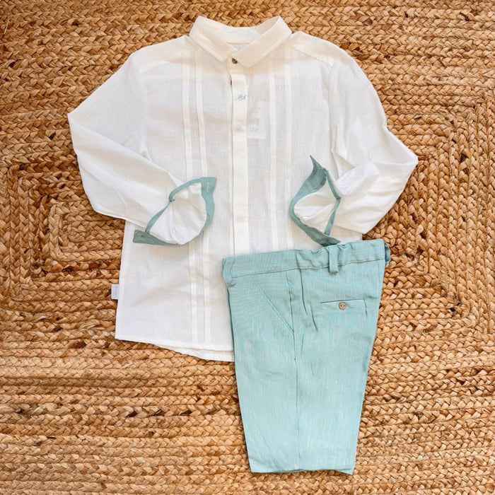completo cerimonia bimbo camicia bianca cotone e pantalone verde acqua lino viscosa